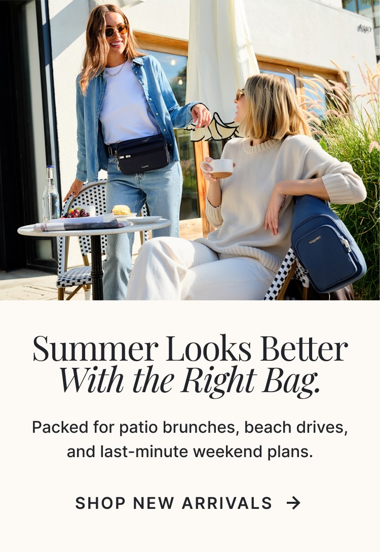 Two women enjoying coffee on an outdoor patio, wearing casual summer outfits and crossbody bags, with text promoting new arrivals for summer.