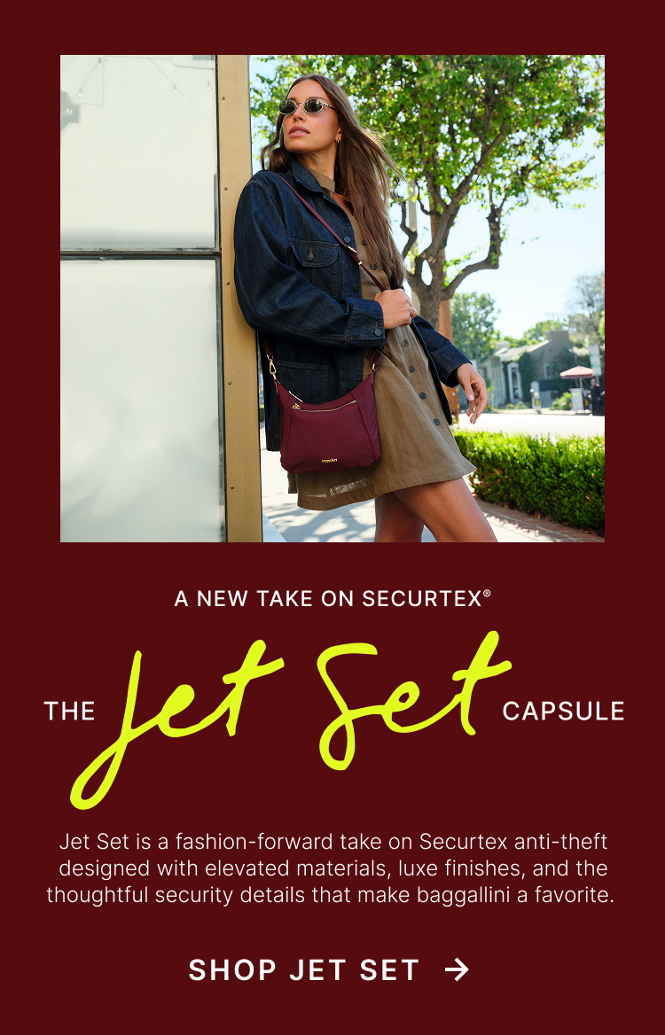 A promotional banner for the "Jet Set Capsule" collection. On the left, a woman wearing sunglasses, a tan dress, and a dark denim jacket leans against a structure outdoors while carrying a burgundy crossbody handbag. Trees and a residential street are visible in the background. On the right, against a deep burgundy background, text reads: "A New Take on Securtex&reg;," followed by "The Jet Set Capsule" in large lettering. Additional text describes the collection as a fashion-forward version of Securtex&reg; Anti-Theft bags with elevated materials, luxe finishes, and security features. A call-to-action at the bottom reads, "Secure Yours Now."